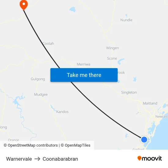 Warnervale to Coonabarabran map