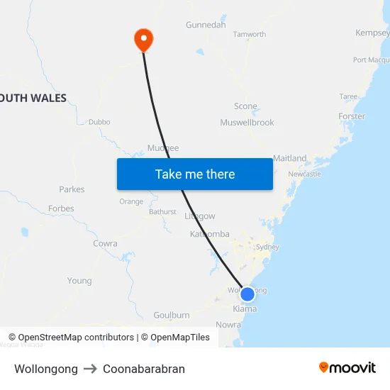 Wollongong to Coonabarabran map
