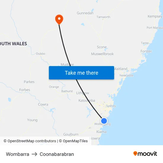 Wombarra to Coonabarabran map
