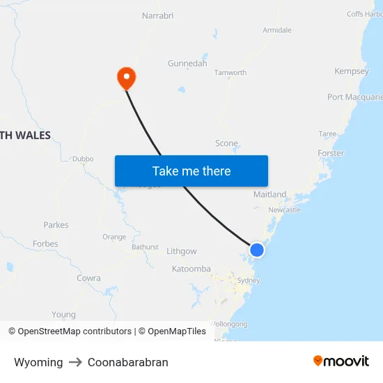 Wyoming to Coonabarabran map
