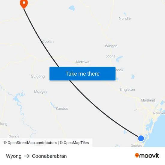 Wyong to Coonabarabran map