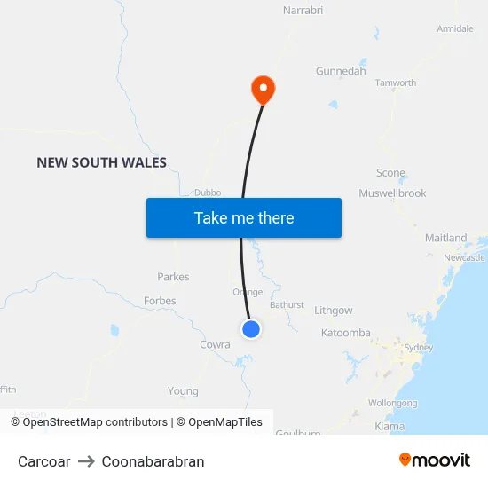 Carcoar to Coonabarabran map