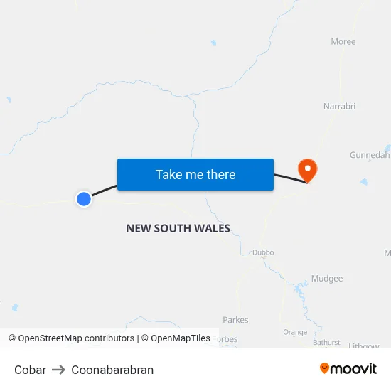 Cobar to Coonabarabran map