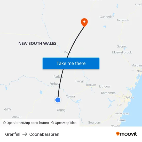 Grenfell to Coonabarabran map