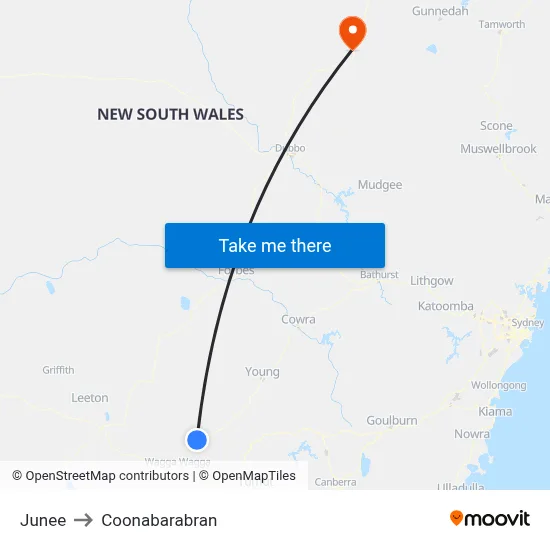 Junee to Coonabarabran map