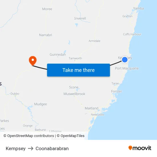 Kempsey to Coonabarabran map