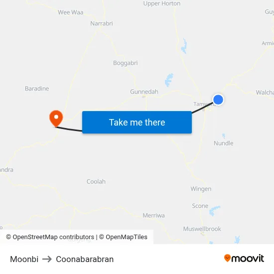 Moonbi to Coonabarabran map