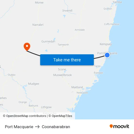 Port Macquarie to Coonabarabran map