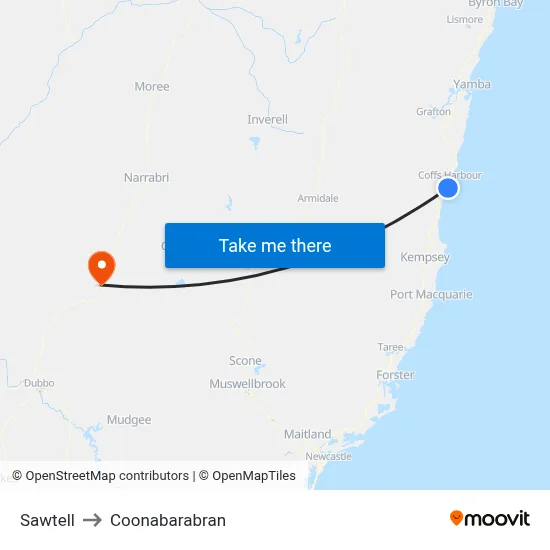 Sawtell to Coonabarabran map