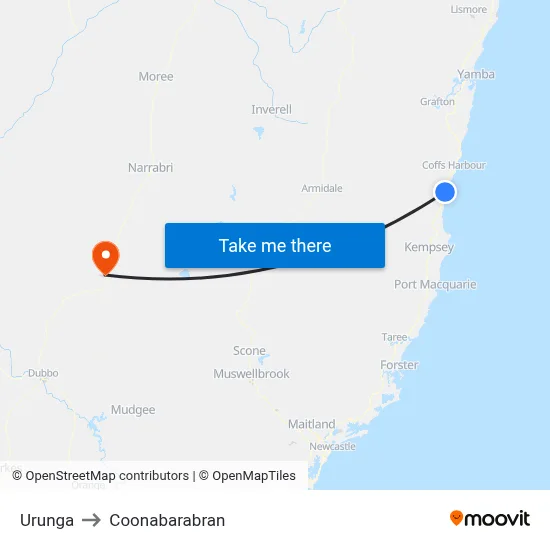 Urunga to Coonabarabran map