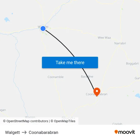 Walgett to Coonabarabran map