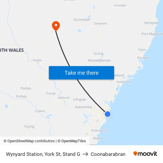 Wynyard Station, York St, Stand G to Coonabarabran map