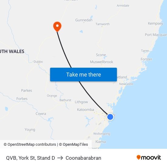 QVB, York St, Stand D to Coonabarabran map