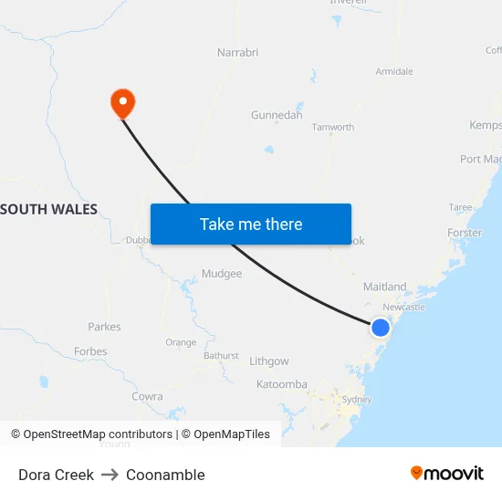 Dora Creek to Coonamble map