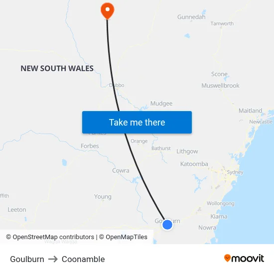 Goulburn to Coonamble map