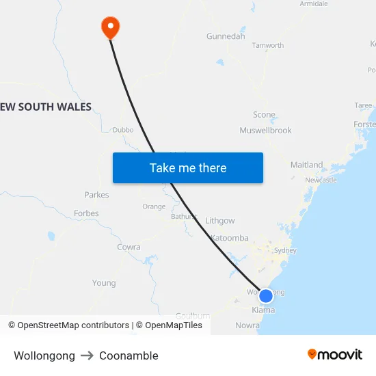 Wollongong to Coonamble map