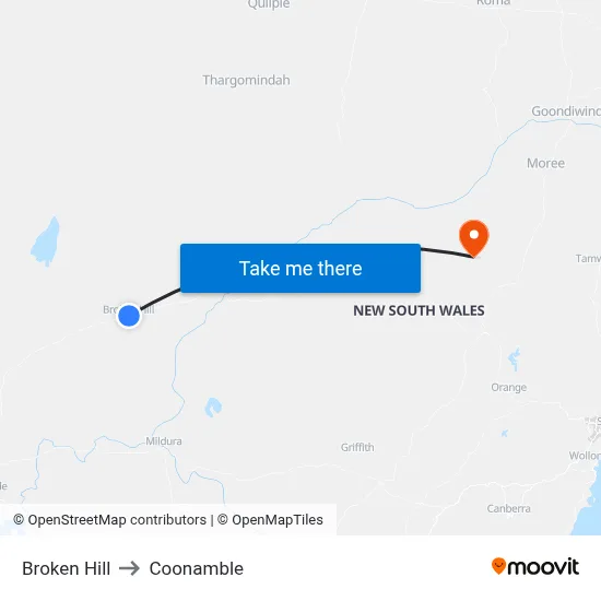 Broken Hill to Coonamble map
