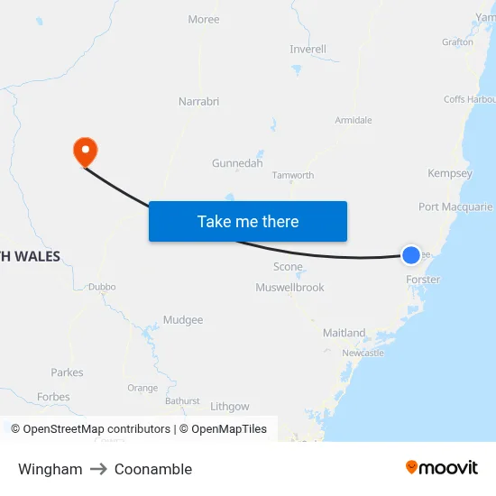 Wingham to Coonamble map