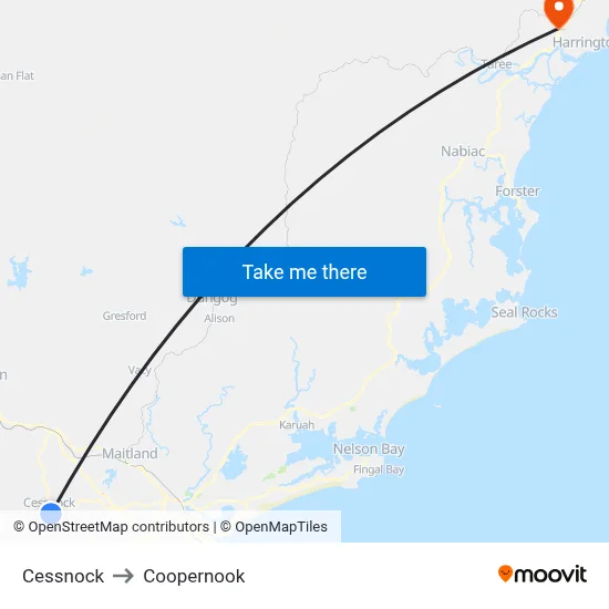 Cessnock to Coopernook map