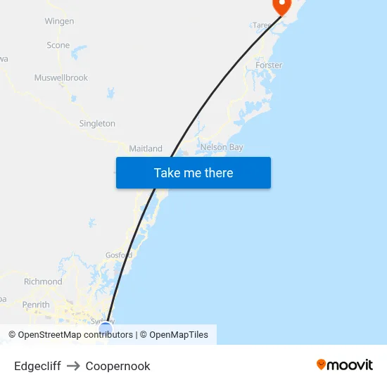 Edgecliff to Coopernook map