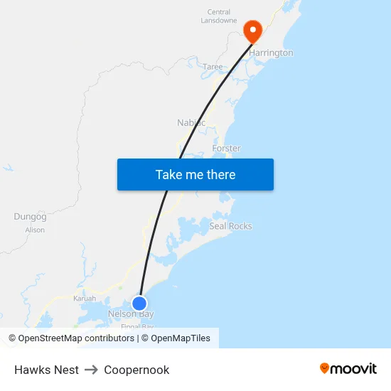 Hawks Nest to Coopernook map