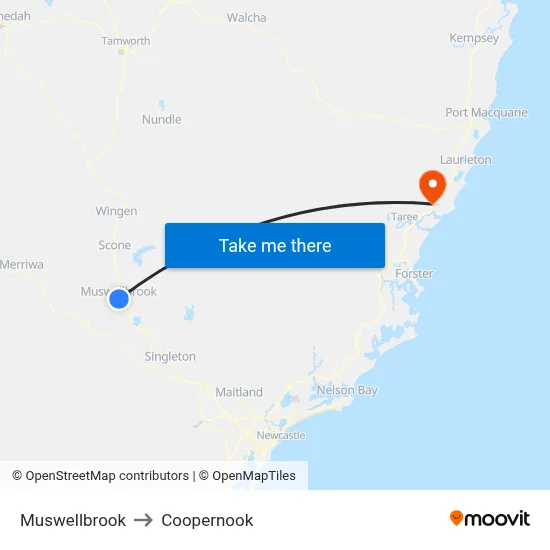 Muswellbrook to Coopernook map