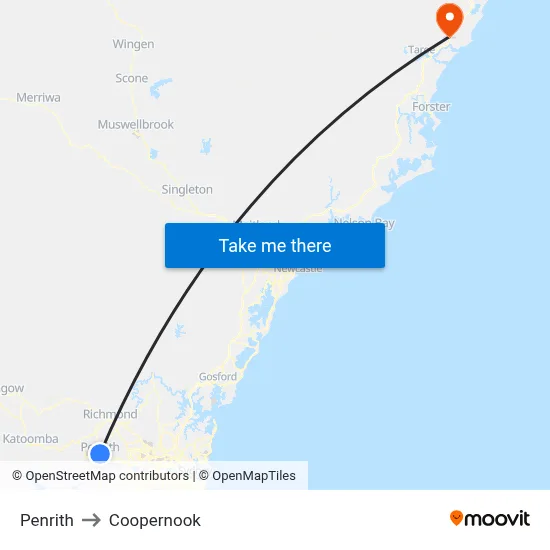 Penrith to Coopernook map