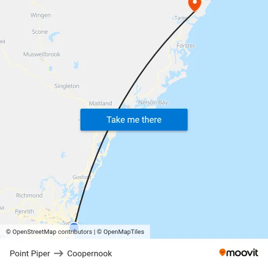 Point Piper to Coopernook map