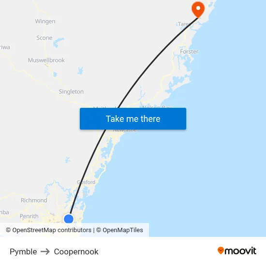 Pymble to Coopernook map