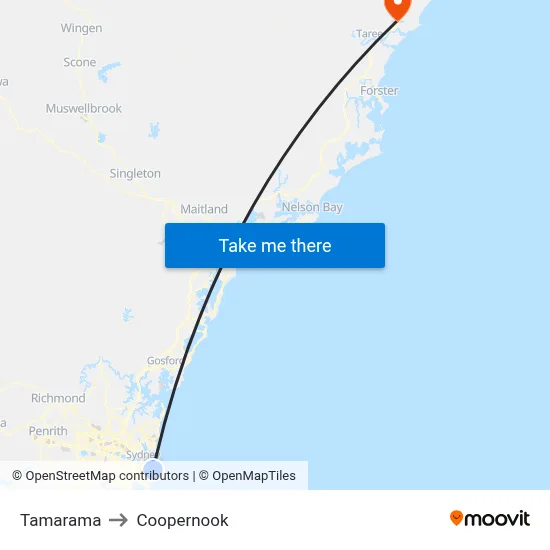 Tamarama to Coopernook map