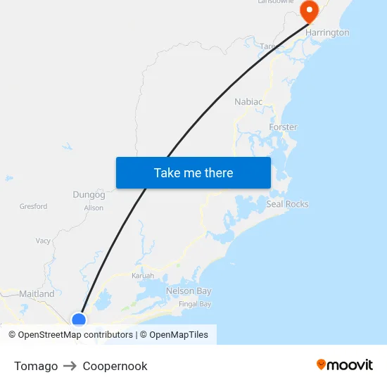 Tomago to Coopernook map