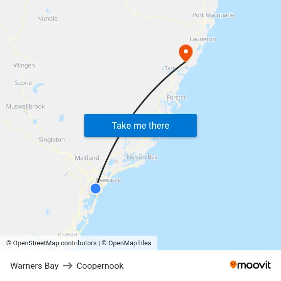 Warners Bay to Coopernook map