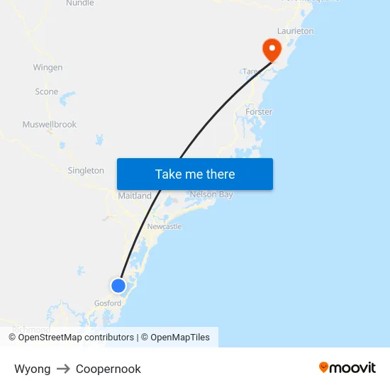 Wyong to Coopernook map
