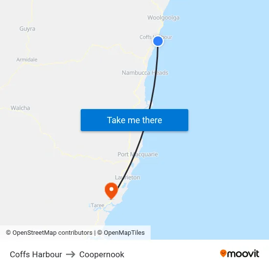 Coffs Harbour to Coopernook map