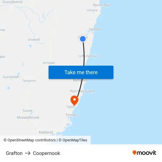 Grafton to Coopernook map