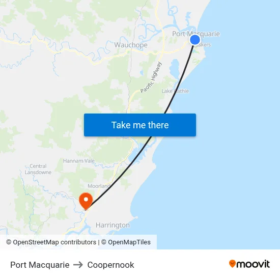 Port Macquarie to Coopernook map