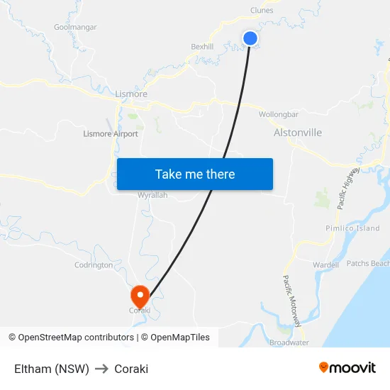 Eltham (NSW) to Coraki map