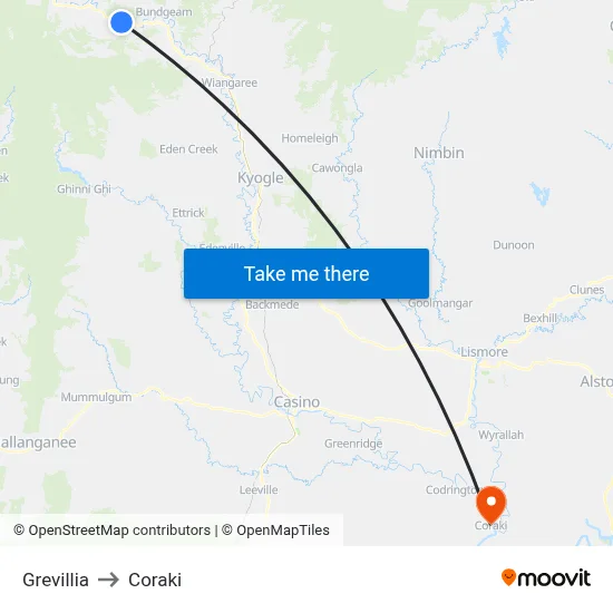 Grevillia to Coraki map