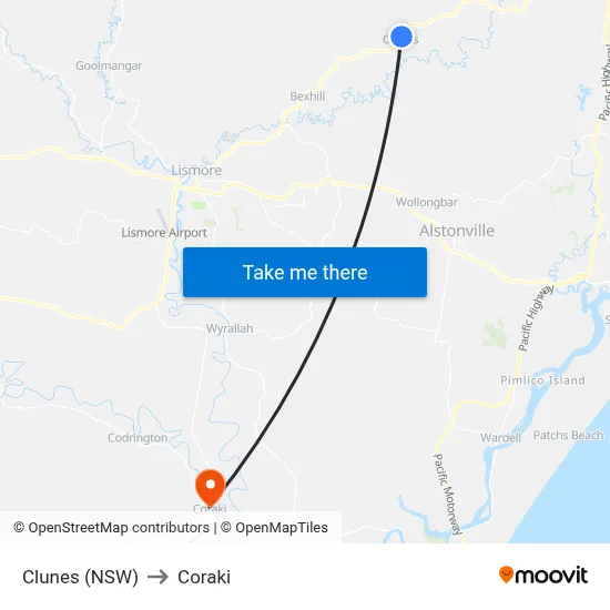 Clunes (NSW) to Coraki map