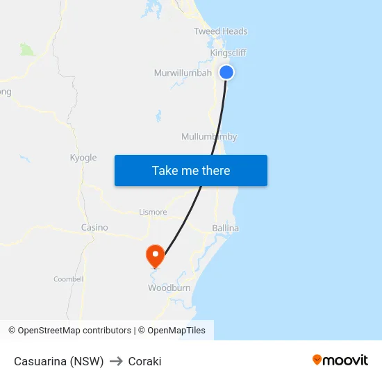Casuarina (NSW) to Coraki map