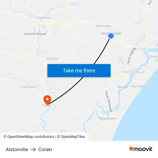 Alstonville to Coraki map
