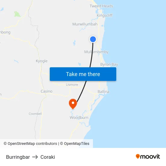 Burringbar to Coraki map