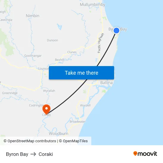 Byron Bay to Coraki map