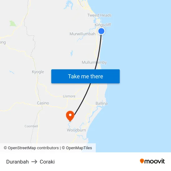 Duranbah to Coraki map