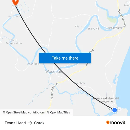 Evans Head to Coraki map