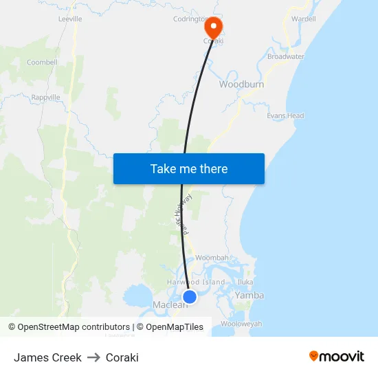 James Creek to Coraki map