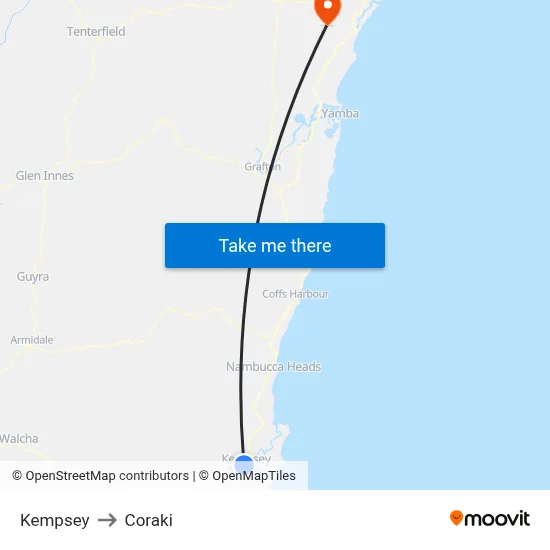 Kempsey to Coraki map