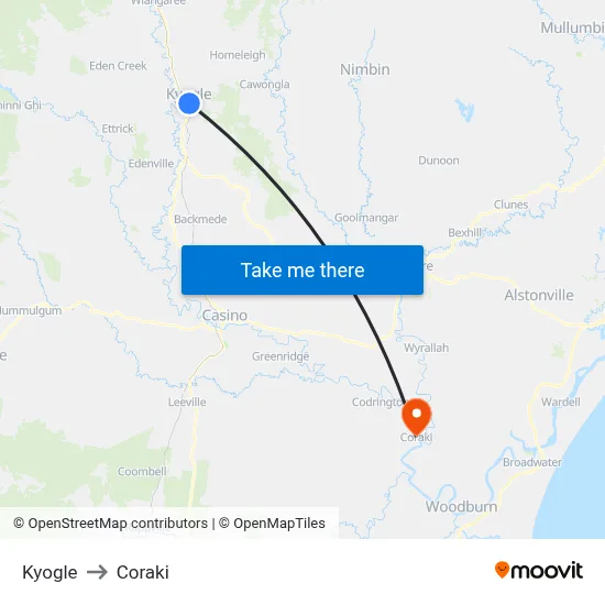 Kyogle to Coraki map