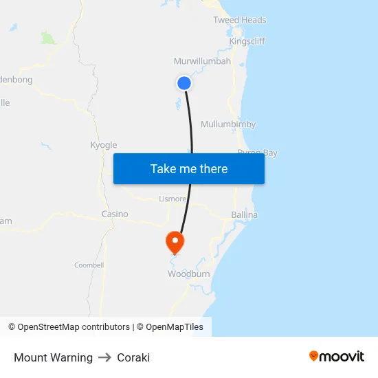 Mount Warning to Coraki map
