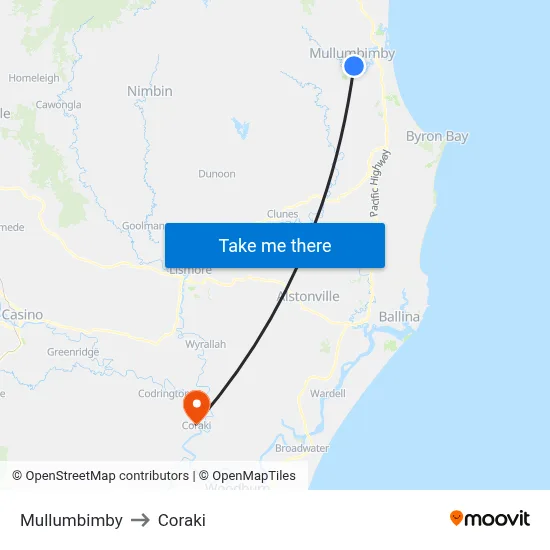 Mullumbimby to Coraki map